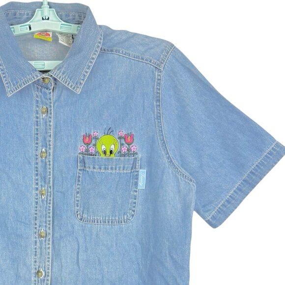 Looney Tunes Women Embroidery Tweety Bird Button Short Sleeve Blue Shirt 14W/16W - Picture 5 of 9